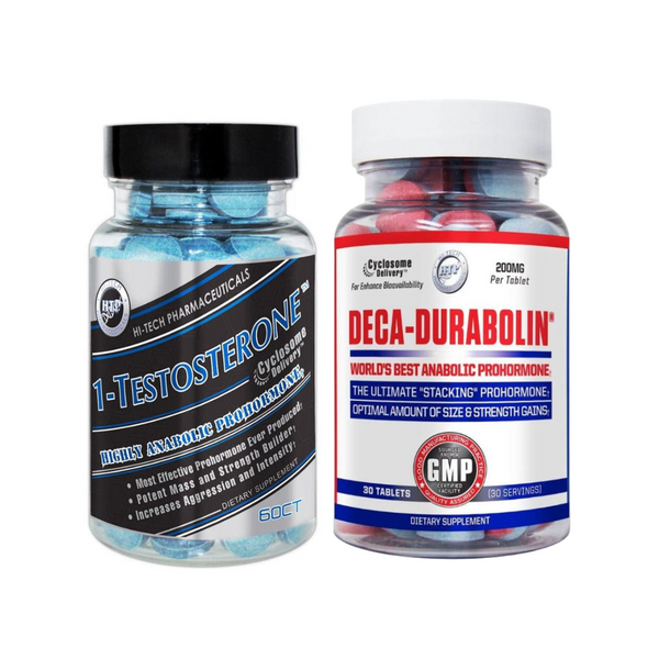 Two supplement bottles labeled '1-Testosterone' and 'DECA-DURABOLIN' on a white background.