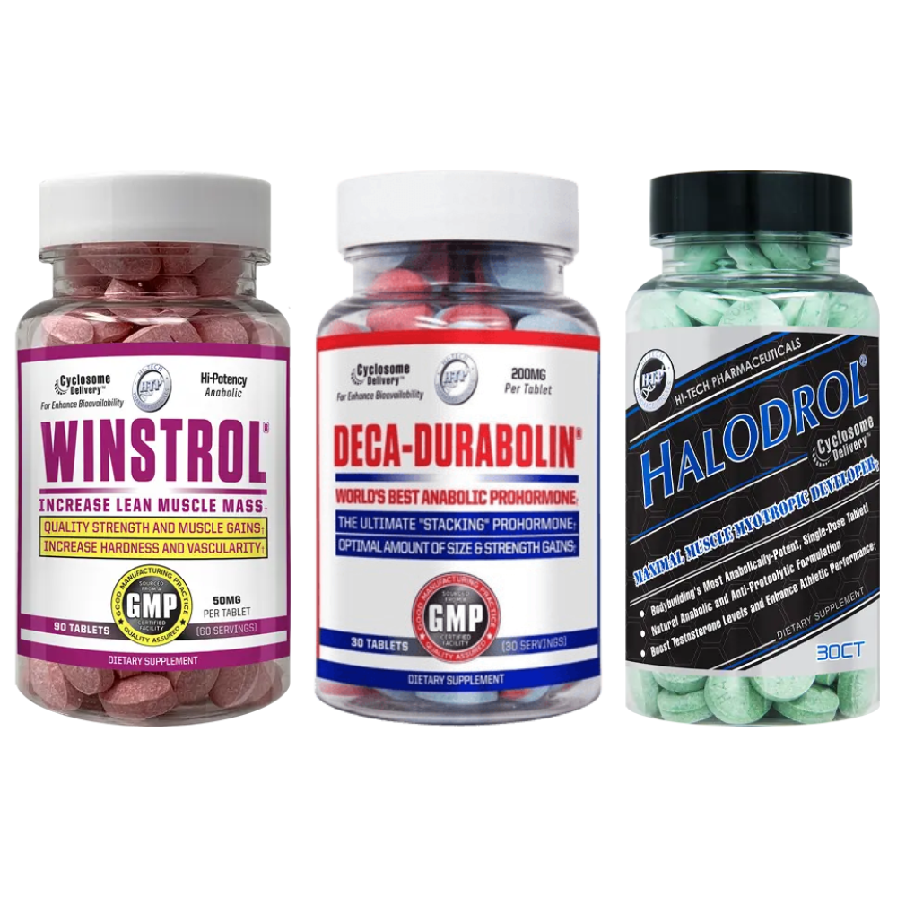 Three bottles of different supplements labeled Winstrol, Deca-Durabolin, and Halodrol on a white background.