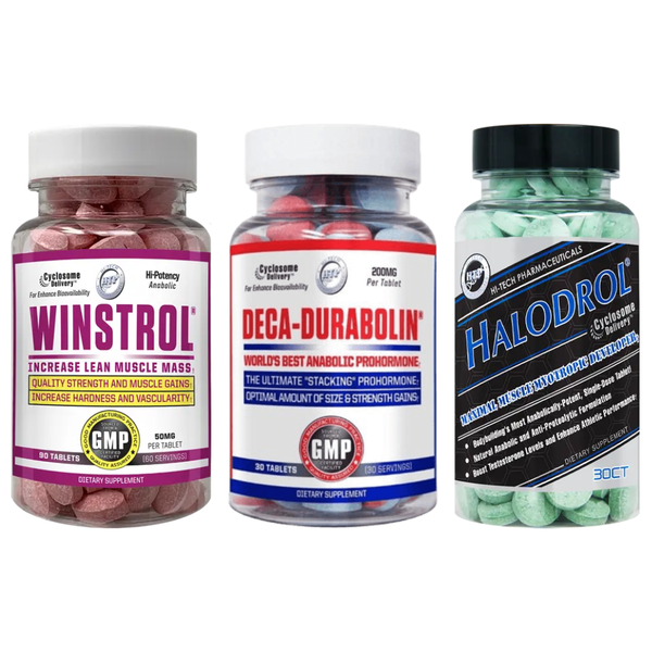 Three bottles of different supplements labeled Winstrol, Deca-Durabolin, and Halodrol on a white background.