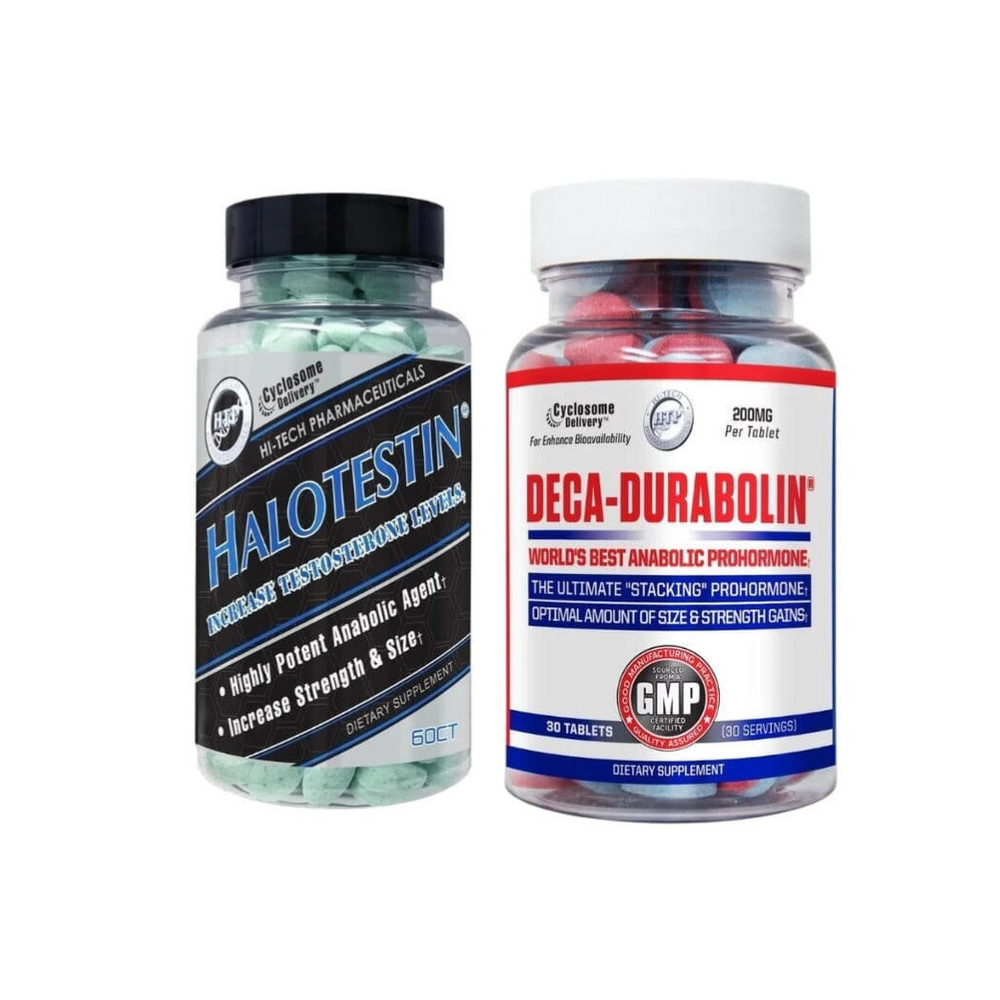 Two supplement bottles labeled 'Halotestin' and 'Deca-Durabolin' on a white background.