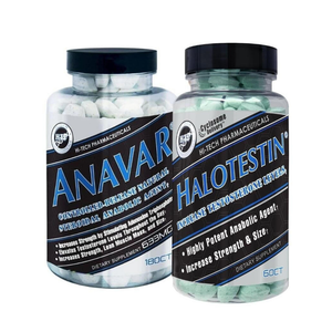 Two bottles of dietary supplements labeled 'Anavar' and 'Halotestin' on a white background.