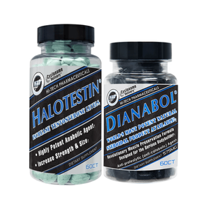 Two bottles of dietary supplements labeled 'Halotestin' and 'Dianabol' on a white background.