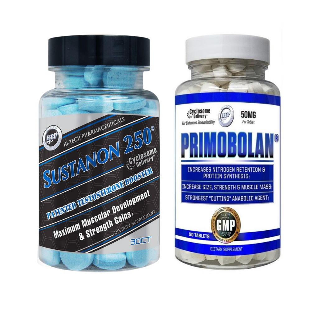 Two supplement bottles labeled 'Sustanon 250' and 'Primobolan' on a white background.