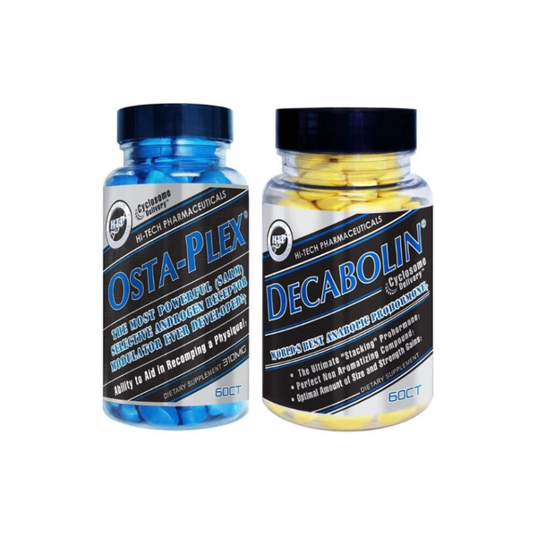Two supplement bottles labeled 'OSTA-PLEX' and 'DECABOLIN' on a white background.