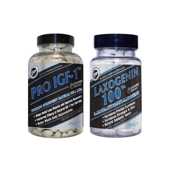 Two bottles of supplements labeled 'PRO IGF-1' and 'LAXOGENIN 100' on a white background.
