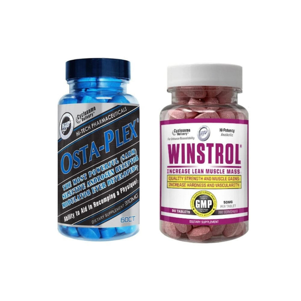 Two supplement bottles labeled 'OSTA-PLEX' and 'Winstrol' on a white background