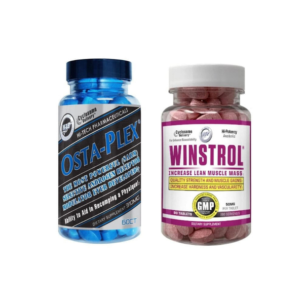 Two supplement bottles labeled 'OSTA-PLEX' and 'Winstrol' on a white background