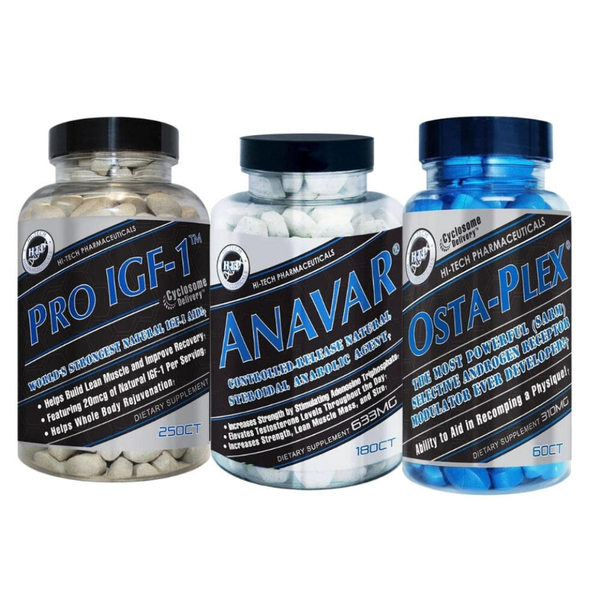 Three supplement bottles labeled 'Pro IGF-1', 'Anavar', and 'Osta-Plex' on a white background.