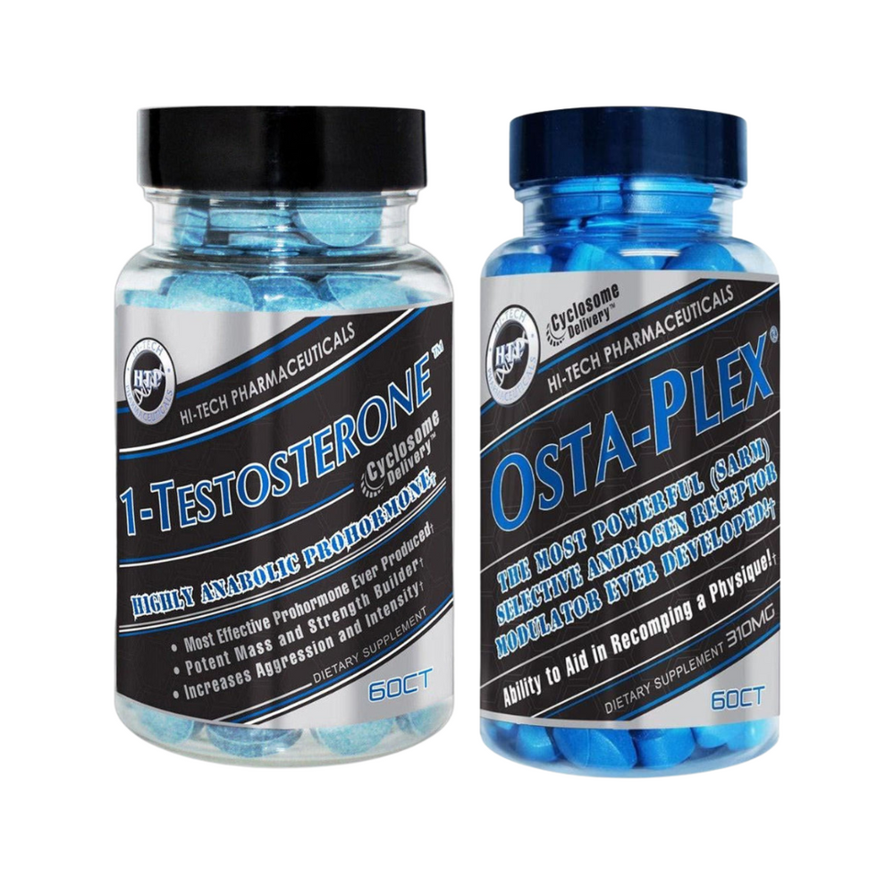 Two bottles of Hi-Tech Pharmaceuticals supplements on a white background
