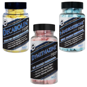 Three bottles of Hi-Tech Pharmaceuticals supplements on a white background