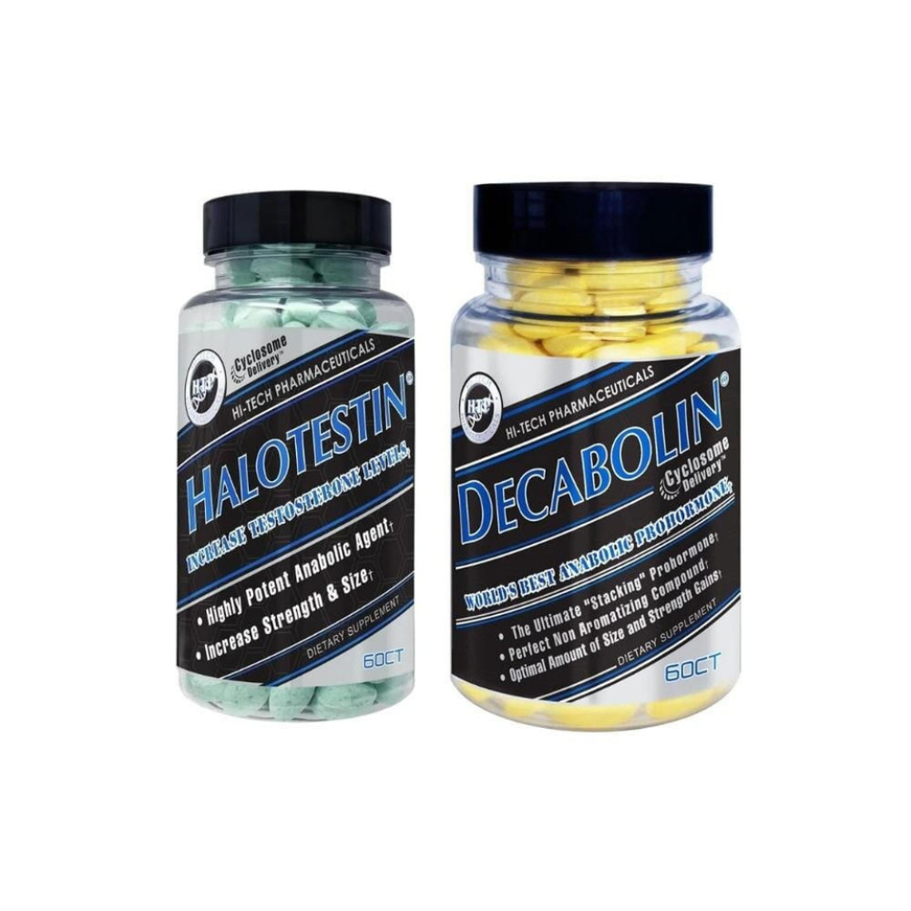 Two bottles of Halotestin and Decabolin from Hi-Tech Pharmaceuticals on a white background.