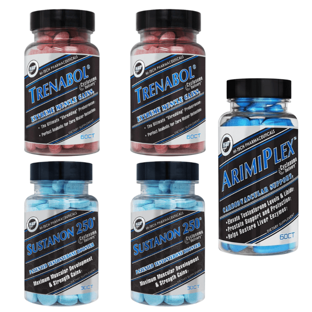 Five bottles of different supplements on a white background