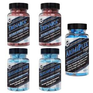Five bottles of different supplements on a white background