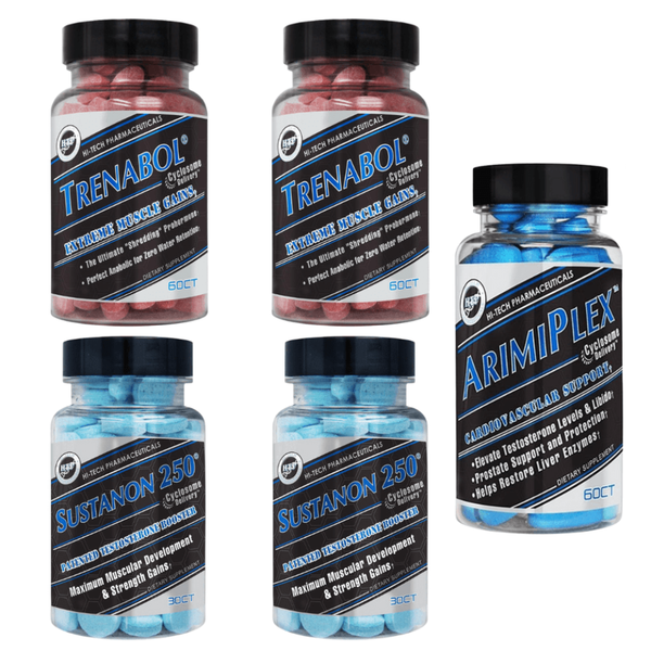Five bottles of different supplements on a white background
