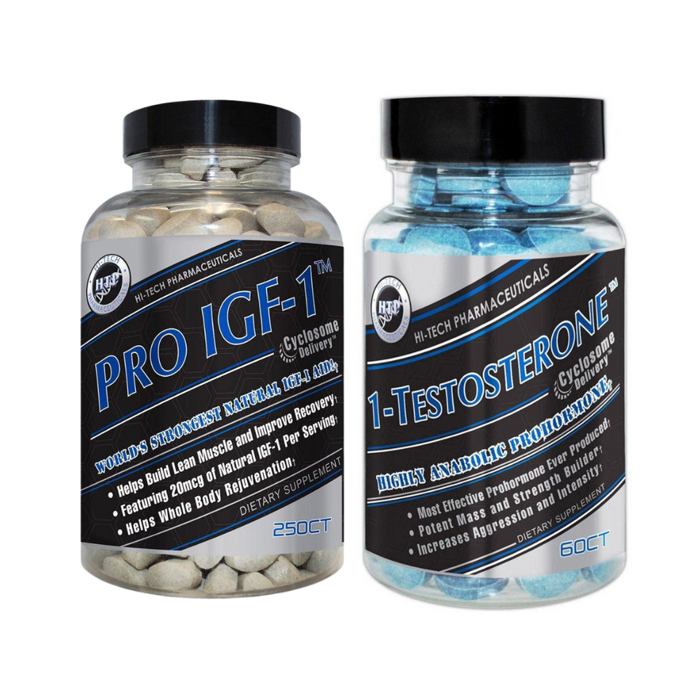 Two bottles of Hi-Tech Pharmaceuticals supplements on a white background