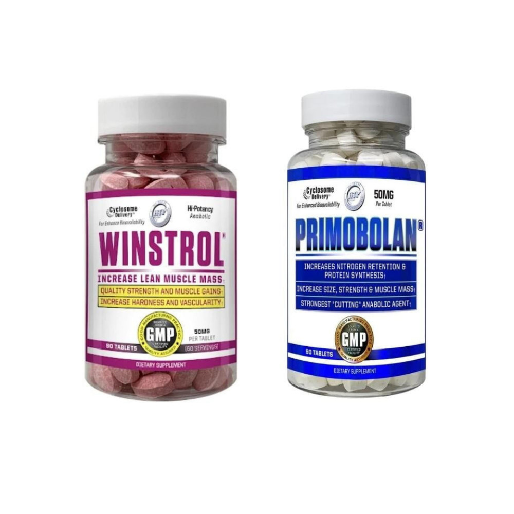 A bottle of Hi-Tech Pharmaceuticals Winstrol and a bottle of Hi-Tech Pharmaceuticals Primobolan on a white background