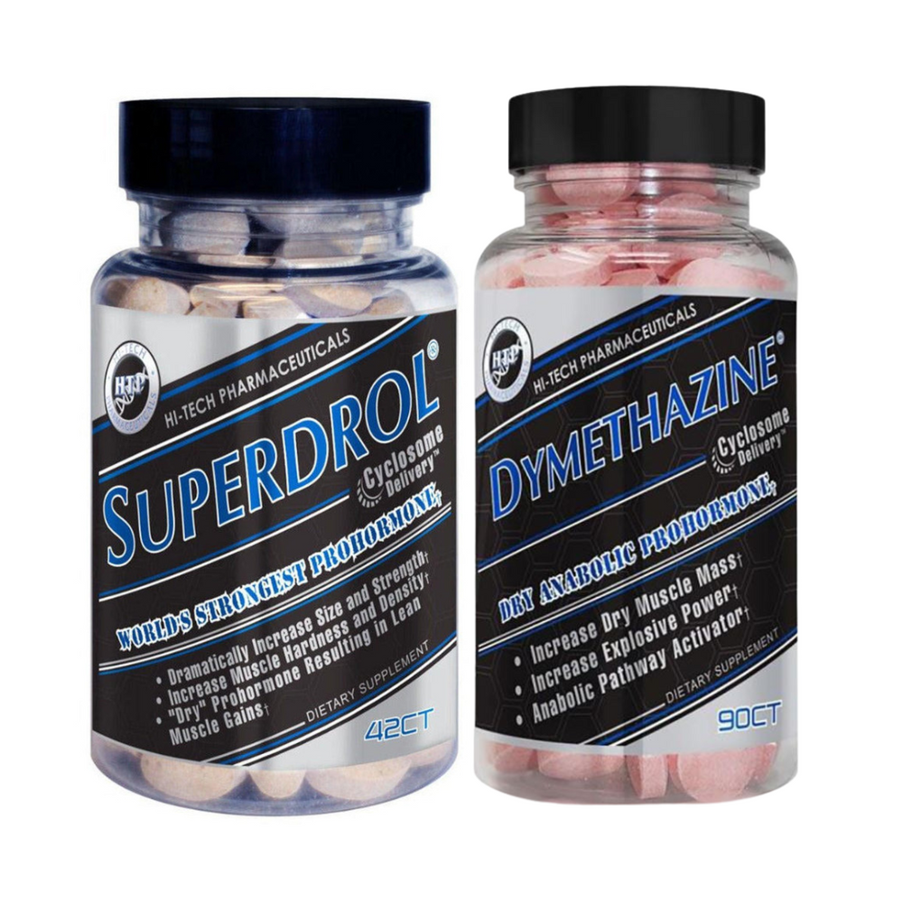 Two bottles of Hi-Tech Pharmaceuticals supplements labeled 'Superdrol' and 'Dymethazine' on a white background.