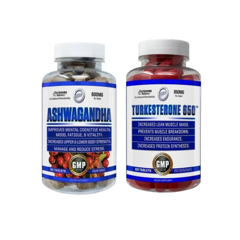 Two Hi-Tech supplement bottles labeled 'Ashwagandha' and 'Turkesterone 650' on a white background.
