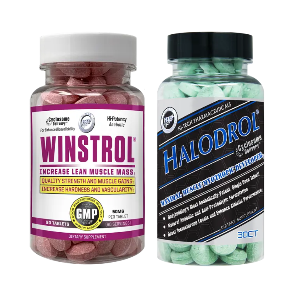 Two bottles of dietary supplements labeled 'Winstrol' and 'Halodrol' on a white background.