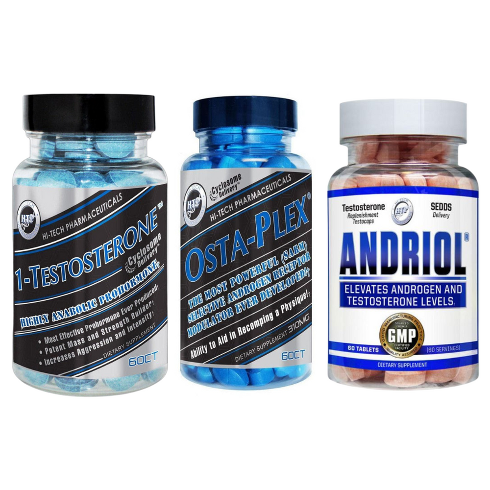 A bottle of Hi-Tech Pharmaceuticals 1-Testosterone, Osta-Plex, and Andriol on a white background.
