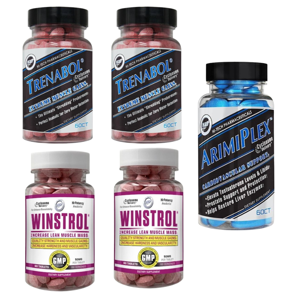 2 bottles of Hi-Tech Trenabol, 2 bottles of Hi-Tech Winstrol, and a bottle of Hi-Tech Arimiplex on a white background.