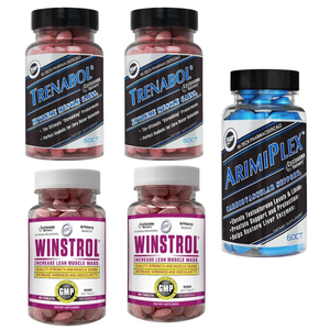 2 bottles of Hi-Tech Trenabol, 2 bottles of Hi-Tech Winstrol, and a bottle of Hi-Tech Arimiplex on a white background.