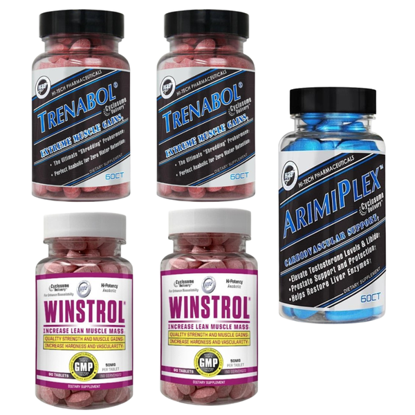 2 bottles of Hi-Tech Trenabol, 2 bottles of Hi-Tech Winstrol, and a bottle of Hi-Tech Arimiplex on a white background.