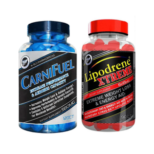 A bottle of Hi-Tech Pharmaceuticals CarniFuel and Lipodrene XTREME on a white background.
