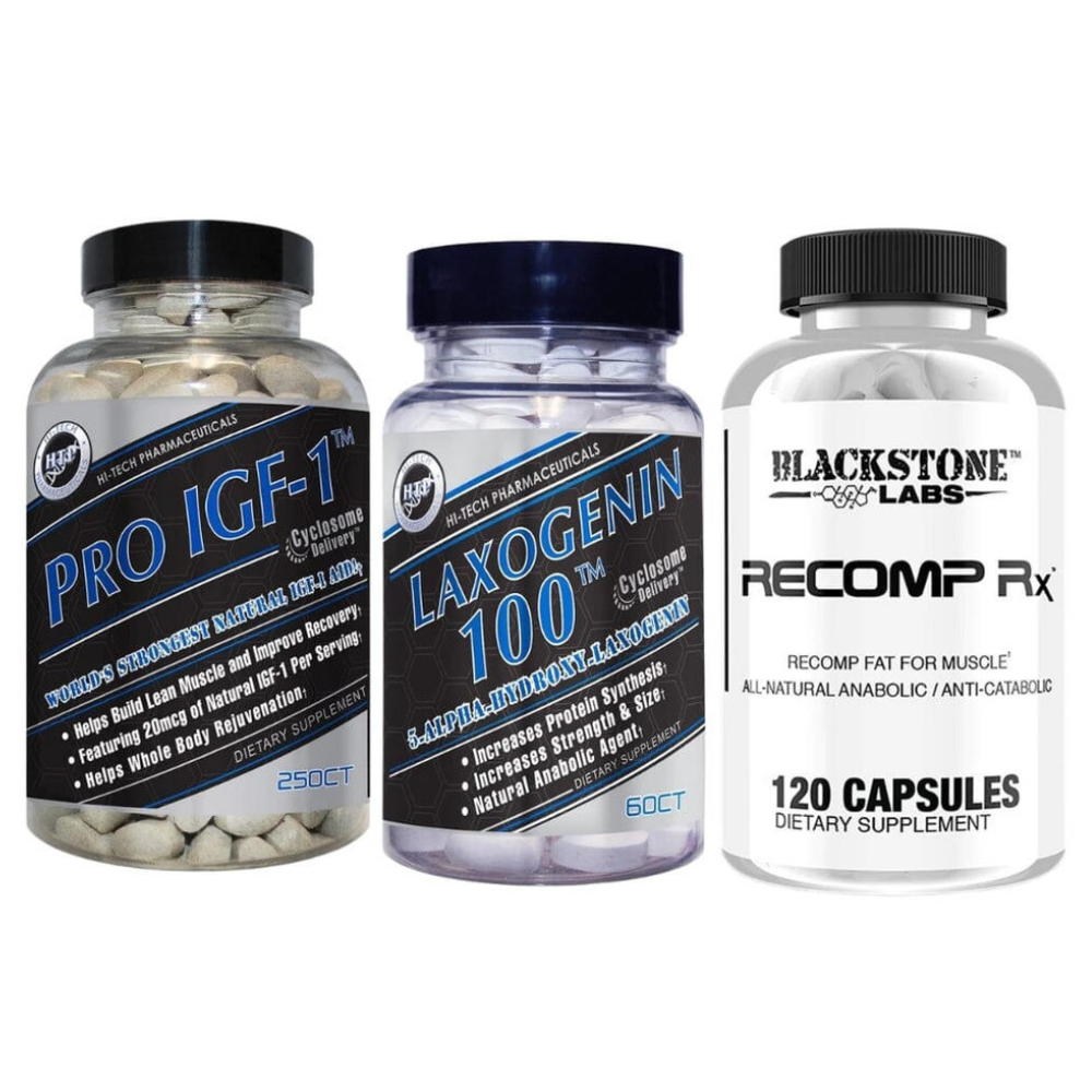 Three supplement bottles labeled 'PRO IGF-1', 'LAXOGENIN 100', and 'RECOMP Rx' on a white background.