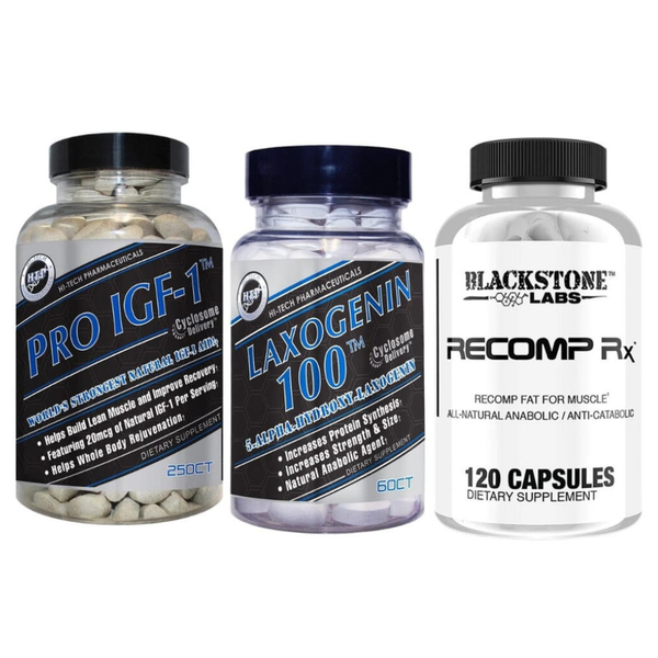 Three supplement bottles labeled 'PRO IGF-1', 'LAXOGENIN 100', and 'RECOMP Rx' on a white background.