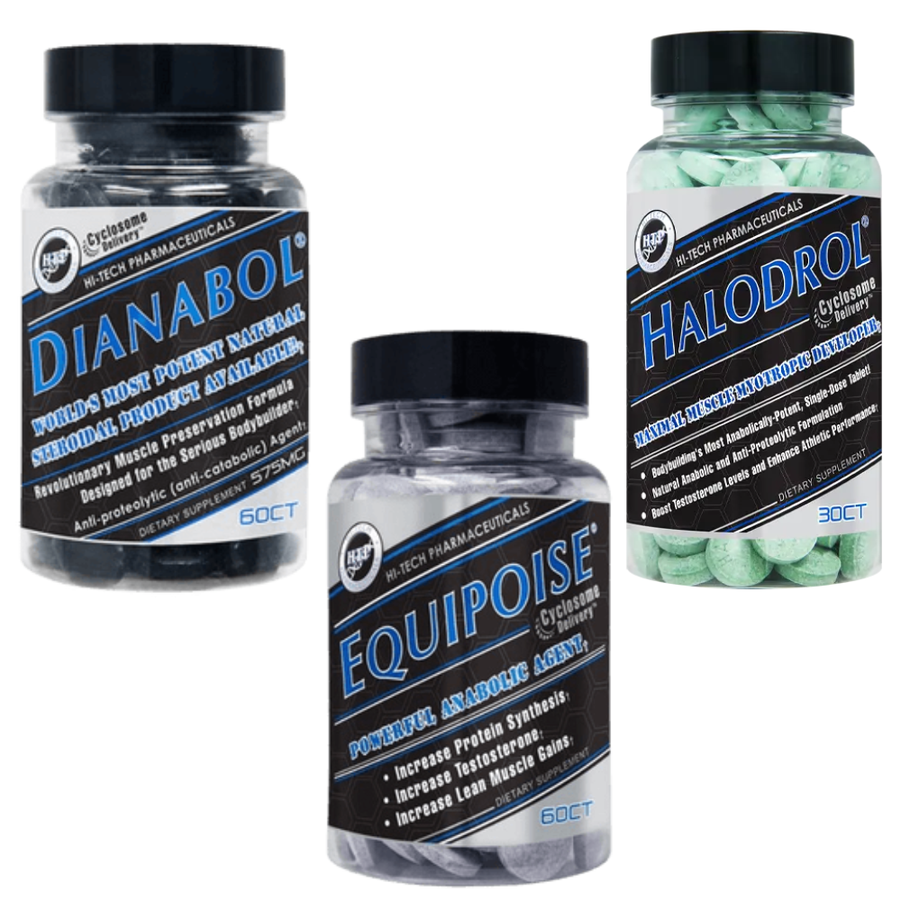 Three bottles of supplement pills labeled Dianabol, Equipoise, and Halodrol on a white background.