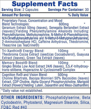 A close-up of a supplement facts label of Hi-Tech Cognisport showing the Supplement Facts panel for a tea blend product. The label lists serving size as 2 capsules, 30 per container, with blue headings and black text on a white background.