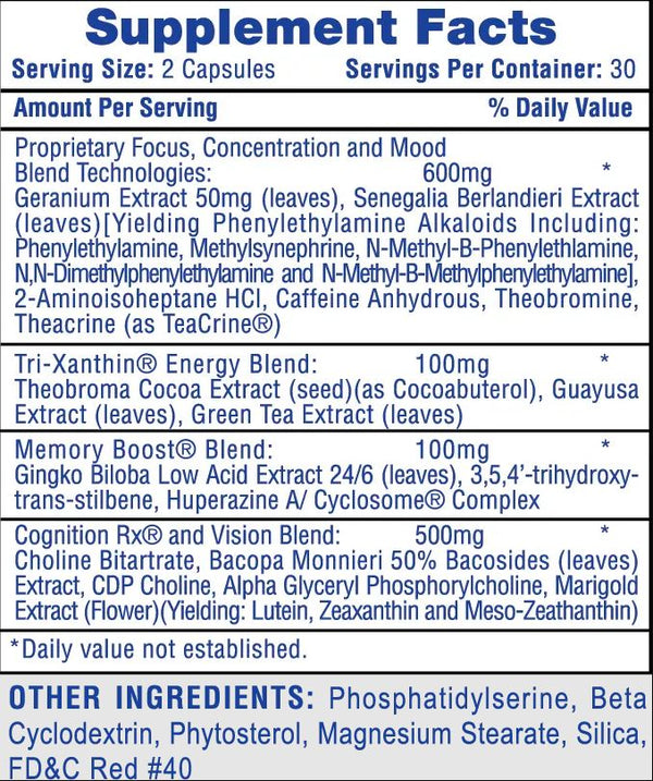 A close-up of a supplement facts label of Hi-Tech Cognisport showing the Supplement Facts panel for a tea blend product. The label lists serving size as 2 capsules, 30 per container, with blue headings and black text on a white background.