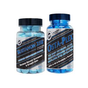 A bottle of Hi-Tech Sustanon 250 and Osta-Plex against a white background.