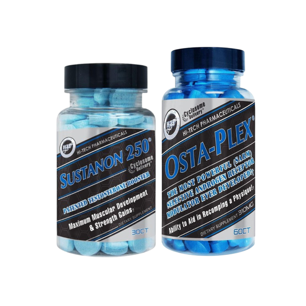 A bottle of Hi-Tech Sustanon 250 and Osta-Plex against a white background.