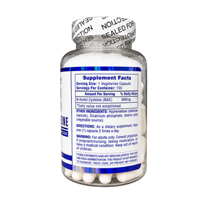 A clear plastic bottle of dietary supplements with a white cap, showing a white label with blue text and a blue stripe. The label reads 'Supplement Facts' and lists 'Niacin Acetylcysteine (NAC) 600mg'.