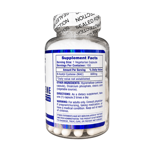 A clear plastic bottle of dietary supplements with a white cap, showing a white label with blue text and a blue stripe. The label reads 'Supplement Facts' and lists 'Niacin Acetylcysteine (NAC) 600mg'.