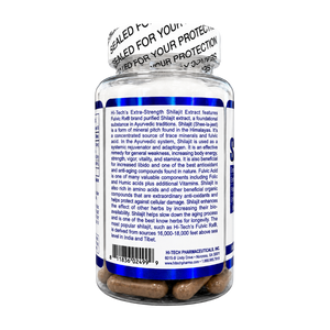 Hi Tech Pharmaceuticals Shilajit Extract product information listed on the back of the bottle on a white background.