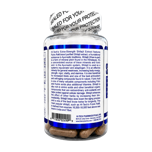 Hi Tech Pharmaceuticals Shilajit Extract product information listed on the back of the bottle on a white background.