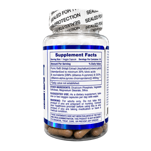 A sealed supplement bottle with a white cap and a blue-and-white label showing Supplement Facts. The bottle contains brown oval capsules, and the label includes text such as 'Sealed for Protection' and 'Supplement Facts.