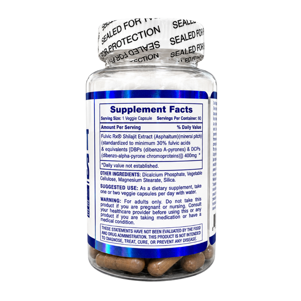 A sealed supplement bottle with a white cap and a blue-and-white label showing Supplement Facts. The bottle contains brown oval capsules, and the label includes text such as 'Sealed for Protection' and 'Supplement Facts.