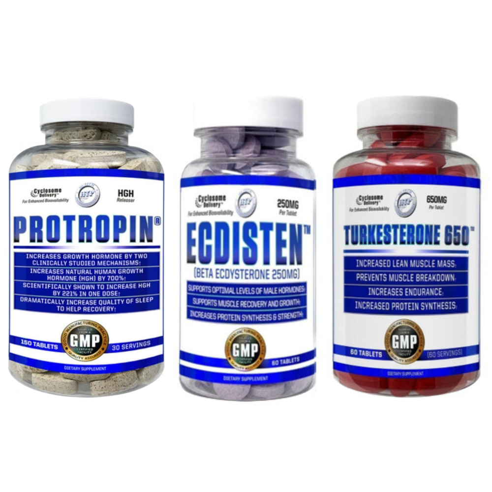 Three supplement bottles labeled 'Protropin', 'Ecdisten', and 'Turkesterone 650' on a white background.