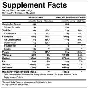 Supplement facts label for IFORCE Mass Gainz 10Lbs mix with serving size, calories, and nutritional information.
