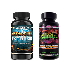 Two supplement bottles from Blackstone Labs (Metha-Quad) and Innovative Labs (Helladrol)on a white background
