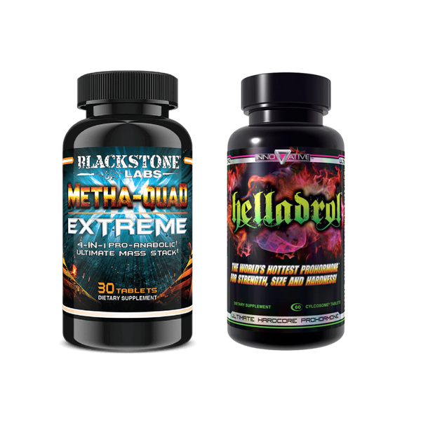 Two supplement bottles from Blackstone Labs (Metha-Quad) and Innovative Labs (Helladrol)on a white background
