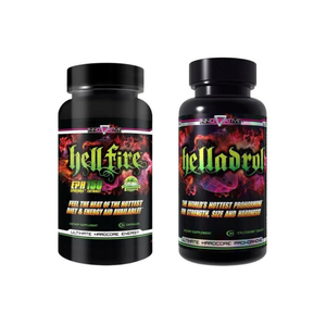 Two black supplement bottles labeled 'Hell Fire' and 'Hella Drool' on a white background.