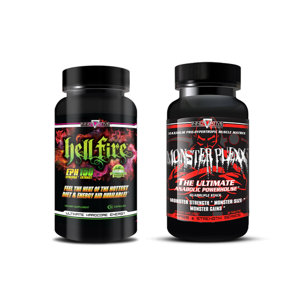 Two supplement bottles labeled 'Hell Fire' and 'Monster Plex' on a white background