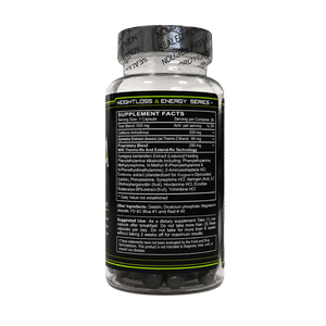 A clear supplement bottle with a black cap and black label, showing the back side of the packaging with supplement facts and ingredients listed. 
