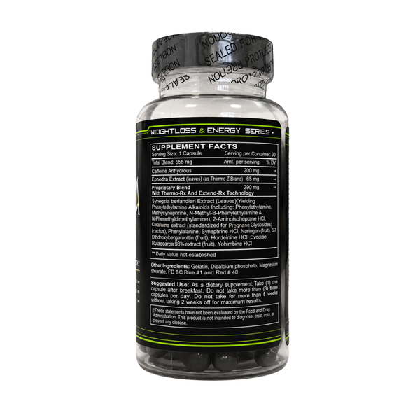 A clear supplement bottle with a black cap and black label, showing the back side of the packaging with supplement facts and ingredients listed. 
