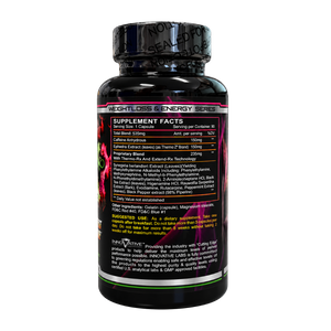 A black supplement bottle with a black cap, showing the back label with supplement facts and ingredients. The label has a dark background with pink, white, and yellow text and graphics, and the brand name Weightloss & Energy Series is visible at the top.